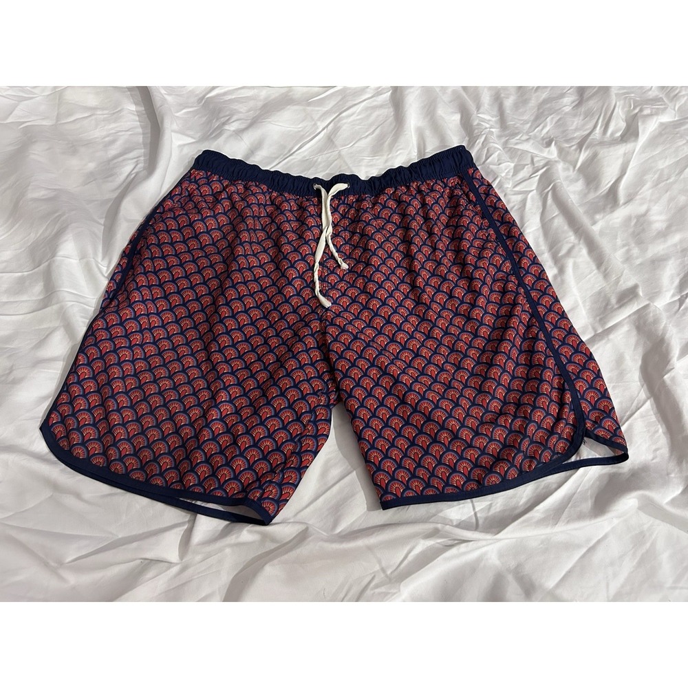 Fair Harbor Swim Trunks Men XL Red Blue Scallops Lined Stretch Geometric Short